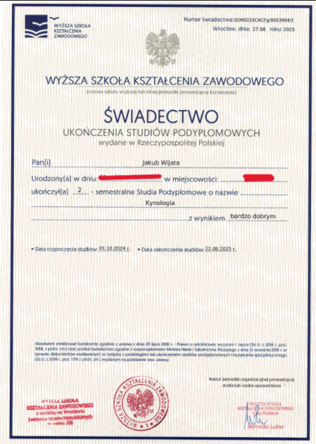 Dyplom ukończenia studiów podyplomowych na kierunku kynologii